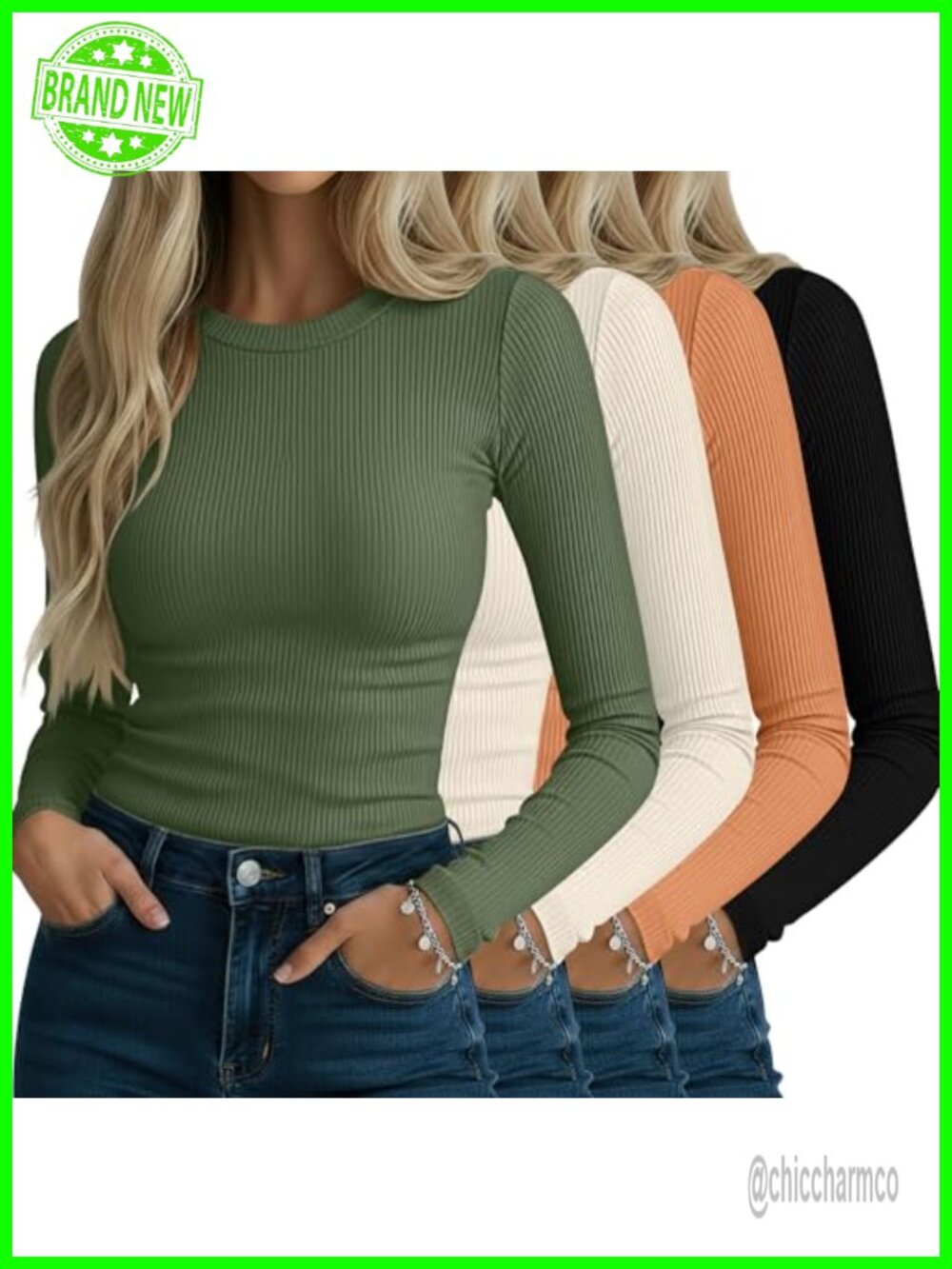 4 Pack Women's Ribbed Long Sleeve Cotton Spandex Crew Neck Slim Fit Tops